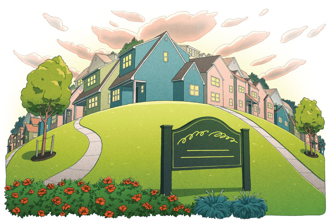 Illustration of a housing area with a sign in front. 