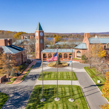 Photo of an aerial shot of the campus entrance