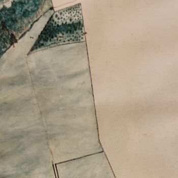 Vintage water color painting of upper part of plan detail of the Pfizer property.